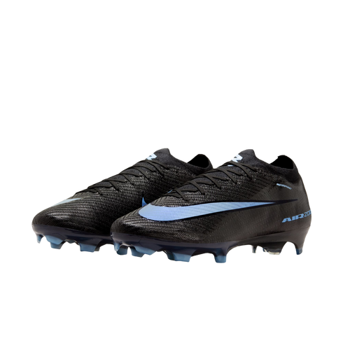 A pair of black Nike Air Zoom Mercurial Vapor soccer cleats with light blue accents on a black background.