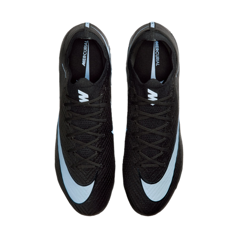 Top-down view of a pair of black Nike Mercurial soccer cleats with light blue swooshes and accents, set against a black background.