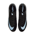 Top-down view of a pair of black Nike Mercurial soccer cleats with light blue swooshes and accents, set against a black background.