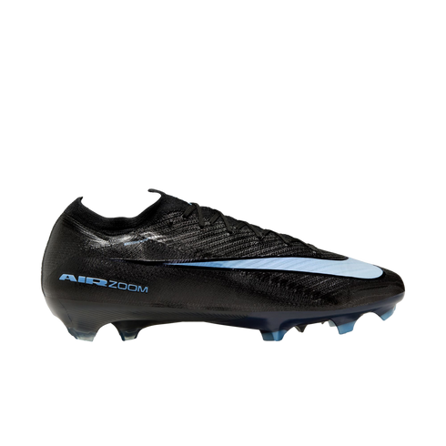 Black soccer cleat with light blue "AIR ZOOM" branding and a large light blue graphic on the side, set against a solid black background.