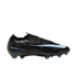 Black soccer cleat with light blue "AIR ZOOM" branding and a large light blue graphic on the side, set against a solid black background.