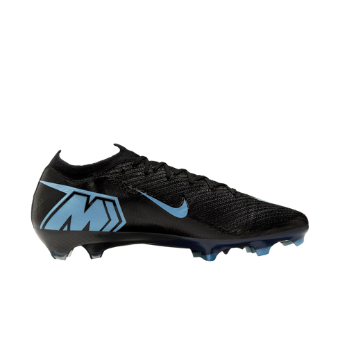 Side profile of a black Nike Mercurial soccer cleat featuring a light blue swoosh and a large "M" logo on the heel, set against a black background.