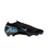 Side profile of a black Nike Mercurial soccer cleat featuring a light blue swoosh and a large "M" logo on the heel, set against a black background.