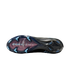 The bottom sole of a black Nike soccer cleat with blue studs and a pink window displaying "AIR ZOOM" text.