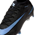 A close-up of a black Nike soccer cleat featuring a light blue swoosh, textured Gripknit upper, and light blue studs.