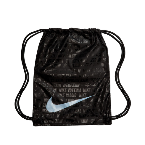 Black Nike drawstring bag featuring a large iridescent light blue swoosh logo and a tonal repeating pattern of the word "soccer" in multiple languages and scripts.