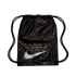 Black Nike drawstring bag featuring a large iridescent light blue swoosh logo and a tonal repeating pattern of the word "soccer" in multiple languages and scripts.