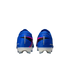 Rear view of blue Nike Mercurial soccer cleats with pink and black accents and white soles, isolated on a black background.