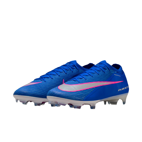 A pair of blue Nike soccer cleats featuring a silver and pink Nike swoosh and "AIR ZOOM" branding on a black background.