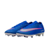 A pair of blue Nike soccer cleats featuring a silver and pink Nike swoosh and "AIR ZOOM" branding on a black background.