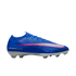A blue Nike soccer cleat with a silver swoosh outlined in pink. The shoe features white "AIR ZOOM" branding on the side and a white, translucent cleated sole against a black background.