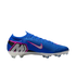 A side profile of a bright blue Nike soccer cleat with a pink-trimmed silver swoosh and a large "M" logo on the heel, set against a black background.