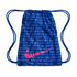 A blue Nike drawstring bag with a large metallic pink swoosh over a repeating pattern of the word "soccer" in multiple languages.