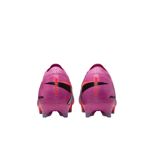 A rear view of two pink Nike Mercurial soccer cleats with orange and black accents, set against a solid black background.