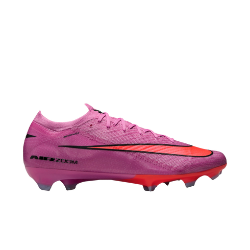 A side profile of a vibrant pink Nike Air Zoom soccer cleat with an orange-red swoosh and sole, set against a solid black background.