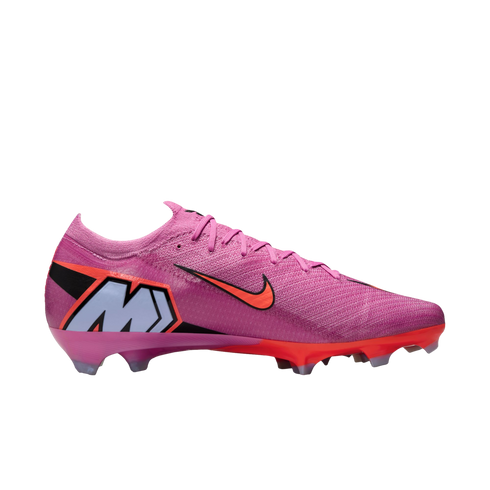 A pink Nike Mercurial soccer cleat featuring an orange swoosh and a large light blue "M" logo on the heel, set against a black background.
