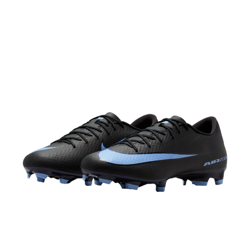 Pair of black Nike Air Zoom soccer cleats with light blue swooshes and studs, set against a solid black background.