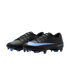 Pair of black Nike Air Zoom soccer cleats with light blue swooshes and studs, set against a solid black background.
