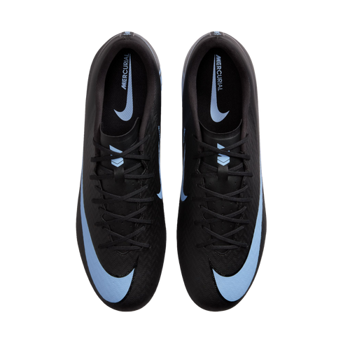 Top-down view of black Nike Mercurial soccer cleats with light blue accents on a black background.