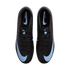 Top-down view of black Nike Mercurial soccer cleats with light blue accents on a black background.