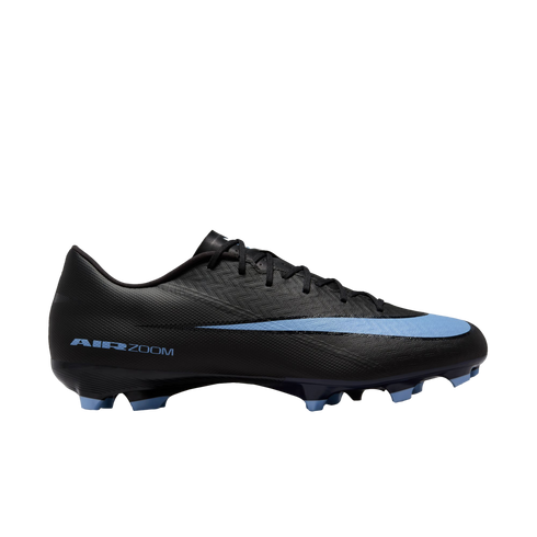 A black Nike Air Zoom soccer cleat with light blue accents on the swoosh and studs. It features a textured upper and is displayed against a solid black background.