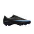 A black Nike Air Zoom soccer cleat with light blue accents on the swoosh and studs. It features a textured upper and is displayed against a solid black background.