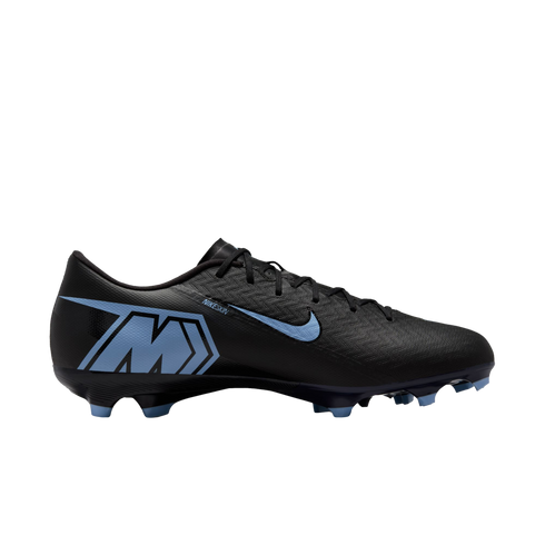 Side profile of a black Nike Mercurial soccer cleat with light blue accents, including the Swoosh, 'M' logo, and studs, against a black background.
