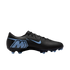 Side profile of a black Nike Mercurial soccer cleat with light blue accents, including the Swoosh, 'M' logo, and studs, against a black background.