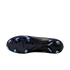 Bottom view of a navy blue soccer cleat with light blue studs against a black background.