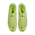 A top-down view of a pair of lime green Nike Mercurial soccer cleats with black swooshes and neon green accents against a black background.