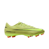 A side profile of a neon yellow Nike Air Zoom soccer cleat with a large black swoosh and orange studs, set against a solid black background.
