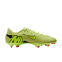 Lime green Nike Mercurial soccer cleat with a large black 'M' on the heel and red studs, isolated on a black background.