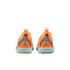 Rear view of orange and blue Nike Mercurial soccer shoes with teal turf soles, isolated on a black background.