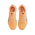Top-down view of bright orange Nike Mercurial soccer shoes with teal accents and Kylian Mbappé branding against a black background.
