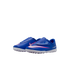 A pair of blue Nike Mercurial toddler soccer shoes with a pink and white swoosh and white turf outsoles.