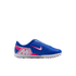 A blue Nike Mercurial soccer shoe with pink and white accents and a white studded sole, shown in profile against a black background.