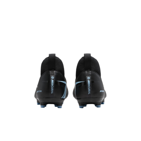 Rear view of black Nike Mercurial soccer cleats with light blue accents. Features include vertical heel branding and a textured finish on a solid black background.