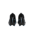 Rear view of black Nike Mercurial soccer cleats with light blue accents. Features include vertical heel branding and a textured finish on a solid black background.
