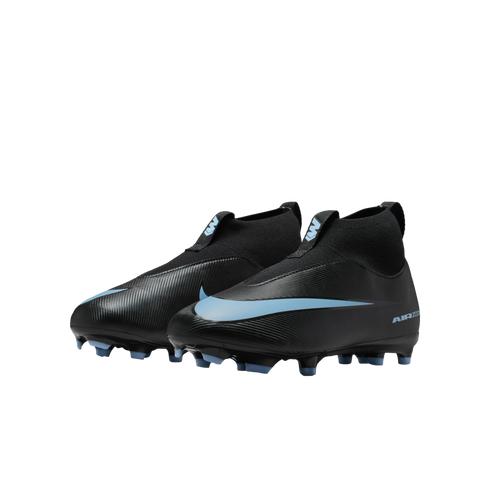 Pair of black Nike high-top soccer cleats with light blue swoosh logos and blue-tipped studs.