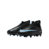 Pair of black Nike high-top soccer cleats with light blue swoosh logos and blue-tipped studs.