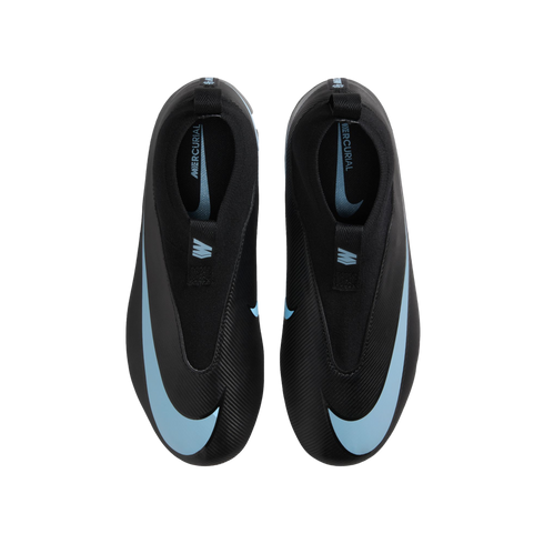 Top-down view of black Nike Mercurial soccer cleats with light blue swoosh logos and accents.