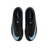 Top-down view of black Nike Mercurial soccer cleats with light blue swoosh logos and accents.