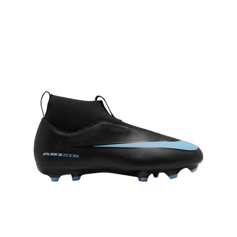 Black Nike Air Zoom soccer cleat with a light blue swoosh and high-top collar, shown in profile against a black background.