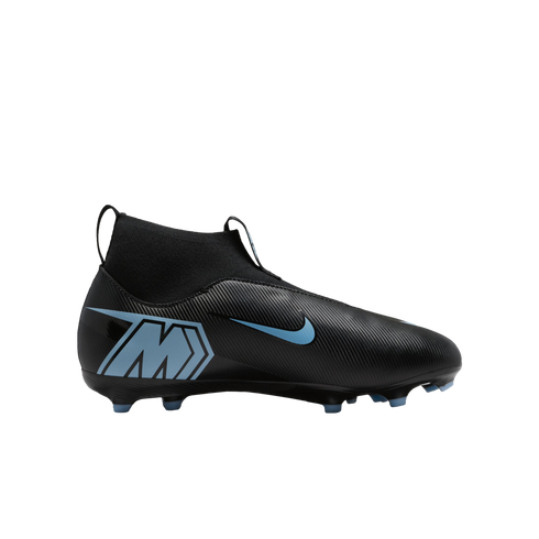 Black Nike Mercurial soccer cleat with light blue accents: side swoosh, heel 'M' logo, and studs. Features a textured upper and high-top sock collar against a black background.