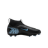 Black Nike Mercurial soccer cleat with light blue accents: side swoosh, heel 'M' logo, and studs. Features a textured upper and high-top sock collar against a black background.