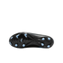 Bottom view of a black Nike soccer cleat featuring light blue studs, set against a solid black background.