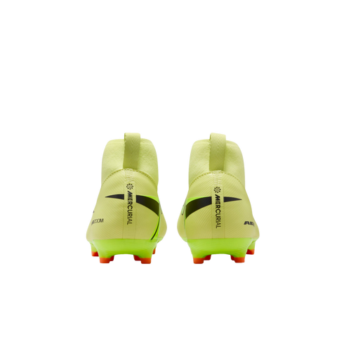 Rear view of lime green Nike Mercurial soccer cleats with orange-tipped studs on a black background.