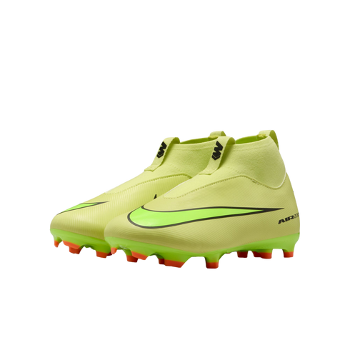 Pair of bright lime green laceless Nike Mercurial soccer cleats featuring a high collar, large black-outlined Swoosh logo, and orange-tipped studs.