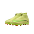 Pair of bright lime green laceless Nike Mercurial soccer cleats featuring a high collar, large black-outlined Swoosh logo, and orange-tipped studs.