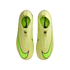 Top-down view of bright lime green laceless Nike Mercurial soccer boots on a black background, featuring large neon green Nike swooshes near the toes.